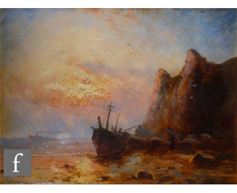 S. DUNCAN (LATE 19TH CENTURY) - A beached fishing boat at sunset, oil on ceramic plaque, signed, framed, 15cm x 19.5cm, frame