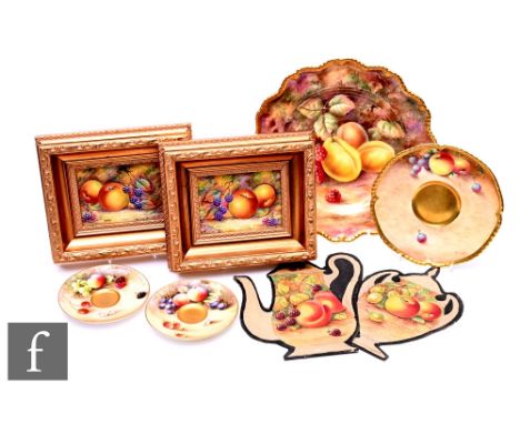 Eight Royal Worcester Painted Fruit items, comprising two original 1930s factory designs for a vase and a coffee pot, two cof