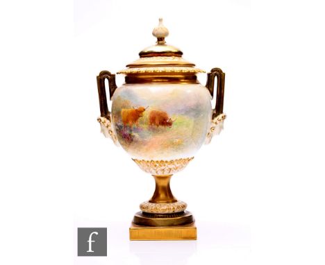 A Royal Worcester pedestal vase by Harry Stinton, circa 1955, of ovoid form with twin mask and classical strap handles, the s