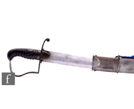 A British light cavalry officer's sabre and scabbard, D shaped pierced knuckle guard, leather grip, 82cm blade with engraved 