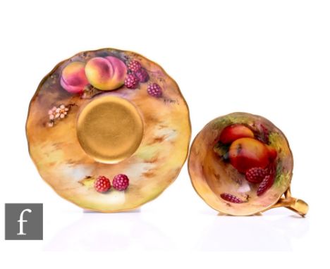 A Royal Worcester fruit painted cabinet cup and saucer by E Townsend and H Everett, circa 1926, decorated with peaches, pears