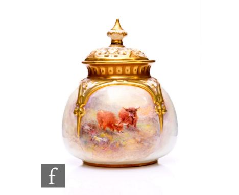 A Royal Worcester pot pourri vase and cover, circa 1957, of compressed ovoid quarter lobed form with relief moulded shoulders