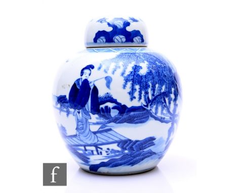 A Chinese late Qing Dynasty Kangxi style jar and cover, of rounded ovoid form with domed cover, decorated with figures in nat