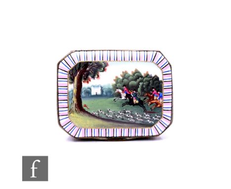 A George III Bilston enamel snuff box, circa 1800, of canted rectangular form, the cover decorated with hunting scene in Park
