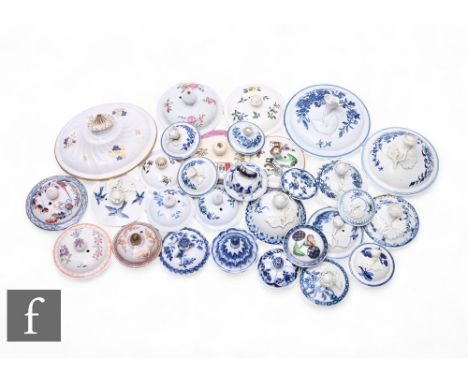 A collection of porcelain covers or lids, mostly 18th Century Worcester plus a few Chinese, Caughley, creamware and Liverpool