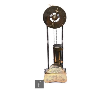 A style brass water clock, brass dial, oak sides with chain action weight cylinder on a arched base facsimile engraved F Wins