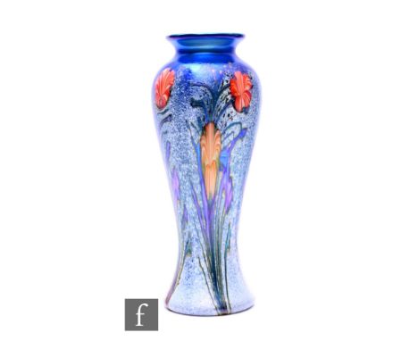 An Okra glass vase designed by Richard Golding, circa 2004, of inverse baluster form, with candy stripe flowers on slender st