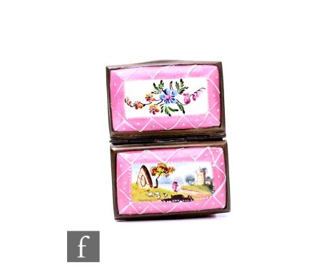 A George III Bilston enamel patch box, circa 1770, of square form with double compartments, the hinged covers decorated with 