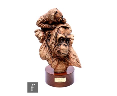 A limited edition stoneware sculpture 'Orang-Utan', by Reginald Price (1926 -), on a wooden base washed with iron oxide, inci