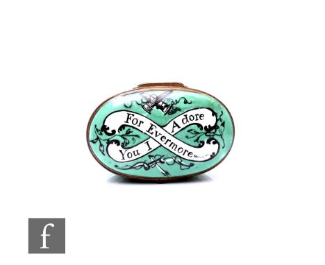 A George III Bilston enamel patch box, circa 1800, of oval form, decorated to the cover with crossed scrolls and verse 'You I