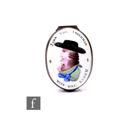 George III Bilston enamel patch box, circa 1800, of oval form, decorated to the cover with comical upside down profile portra