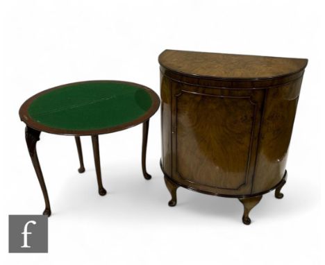 A 1950s or earlier Queen Anne style walnut demi lune side cabinet, 93cm x 83cm, and a similar fold over card table, width 77c