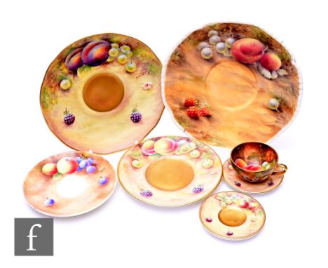 A Royal Worcester fruit painted miniature tea cup by Frank Roberts, circa 1954, decorated inside and out with peaches and gra
