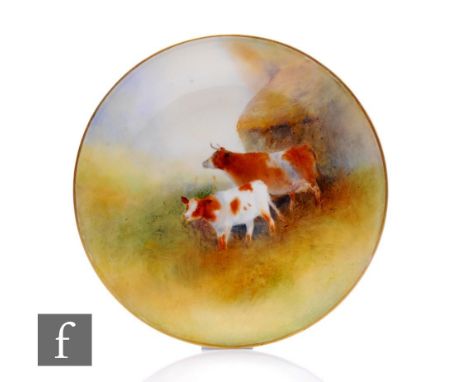 A Royal Worcester hand painted cattle plate, circa 1912, decorated in tonal brown and yellow over white ground, cow and calf 