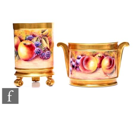A later 20th Century fruit painted porcelain twin handled preserve pot by Bryan Cox (Royal Worcester artist), decorated in th