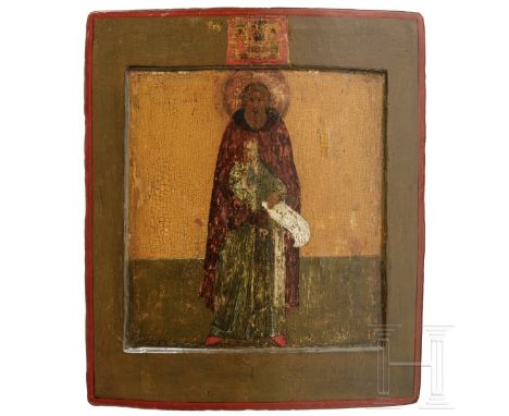 Ikone mit dem Heiligen Sergej von Radonesch, Russland, Anfang 18. Jhdt.   Holztafel mit zwei Rückseiten-Sponki (verloren). Ko