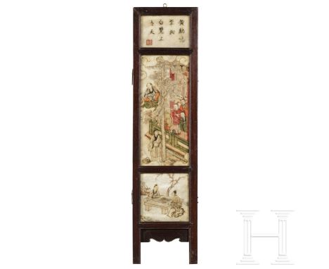 Drei Paneele eines Paravents, China, Qing-Dynastie, 19. Jhdt.   Stilvolles Paravent aus drei miteinander verbundenen Paneelen