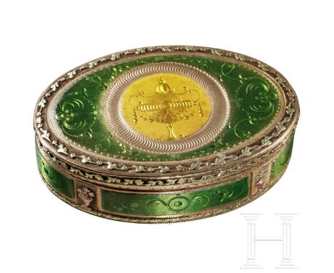 Schweiz, Genf, Guidon, Remond, Gide &amp; Cie, 1792-1801 14kt Gold. Ovale Wandung mit umseitig graviertem Rankenwerk und Girl