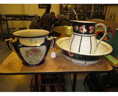 Bristol Pottery Basin and Ewer and a Victorian Jardinière 
