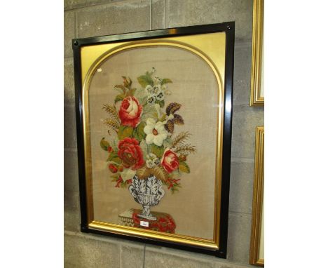 Victorian Tapestry and Beadwork Panel of an Urn of Flowers, 90x68cm 