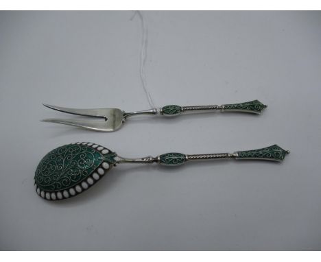 Norwegian Silver and Green Enamel Pickle Fork and Matching Spoon by Marius Hammer (2) 