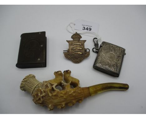 Silver Vesta Case, Bakelite Vesta Case, Meerschaum Pipe and an Essex Volunteers Badge 