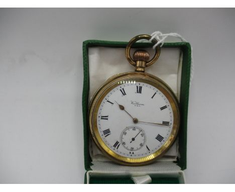 Waltham Rolled Gold Pocket Watch with White Enamel Dial and Engine Turned Case 