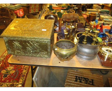 Brass Galleon Embossed Coal Box, Companion Set, Coal Helmet, Pair of Candlesticks, Toasting Fork and a Jardinière 