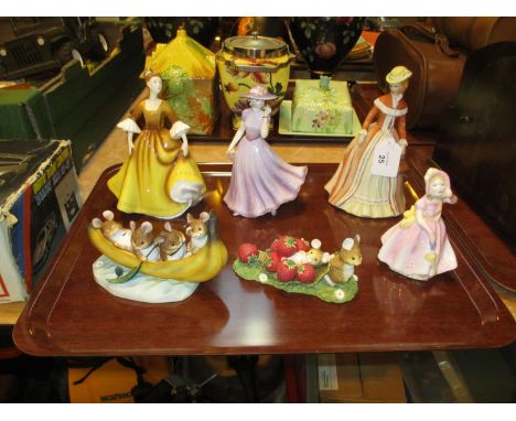 Two Royal Doulton and a Royal Worcester Figure, Two Border Fine Arts Merry Mice and Another Figure 