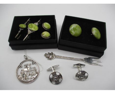 Iona Abbey Silver Pendant, Pair of Celtic Cross Cufflinks, Two Sets of Iona Green Marble and Silver Jewellery and Silver Gall