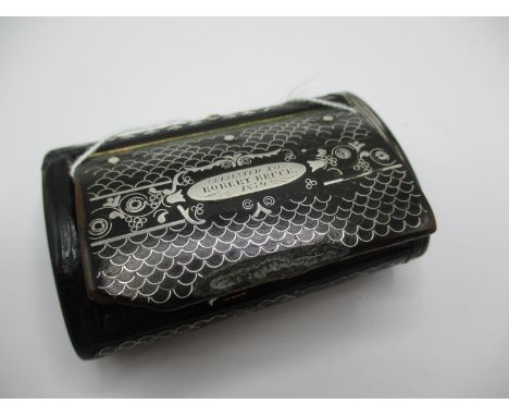 19th Century Oblong Snuff Box with Silver Pique Decoration and Plaque Inscribed 'Presented to Robert Bruce 1859', 8cm wide 