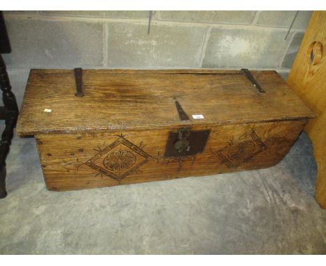 Antique Carved Oak Plank Trunk, 106x35cm 