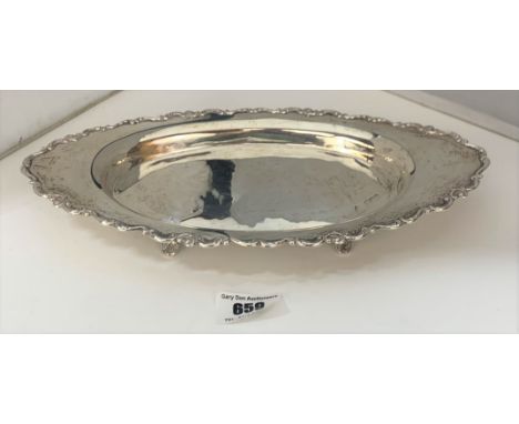 Silver oblong dish tray on 4 feet,  10.5”long x 5”w, w: 5.8 ozt