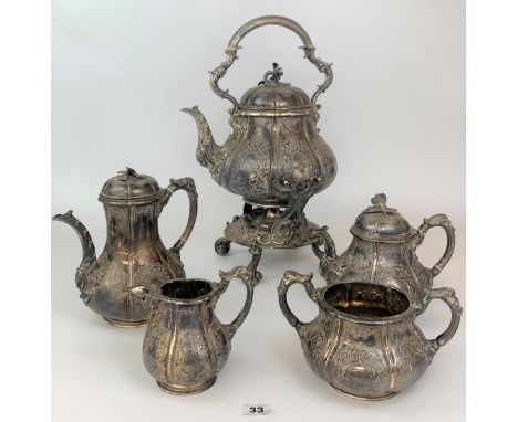 Superb 5 piece silver tea set comprising spirit kettle on stand, teapot, coffee pot, sugar bowl and cream jug. Kettle on stan