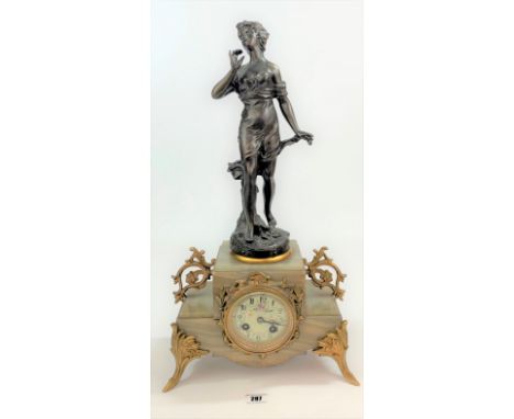 French gilt and marble mantle clock with figure  marked ‘Sensitive, Par Anfrie Sculpt’ with pendulum and key 20” h x 11”w