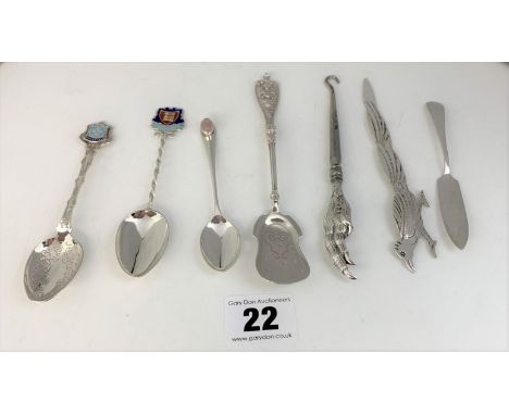 2 silver souvenir spoons ‘Jersey’ and ‘Wakefield’, silver teaspoon, embossed silver sugar scoop, miniature silver knife, silv