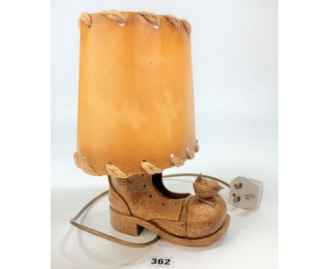 Wren Man boot table lamp with shade, 7” long x 12” high