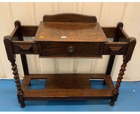 Oak twistleg umbrella and stick stand with drawer 35”w x 13”d x 32”h