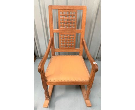 Mouseman rocking chair with tan leather seat 20”w x 18”d x 38”h