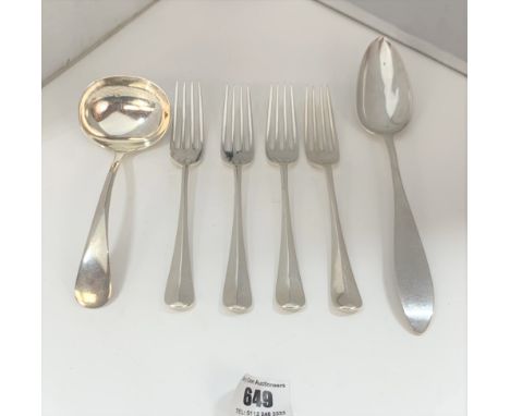 4 silver forks, silver gravy ladle and large silver spoon (possible German mark), total w: 9.8 ozt