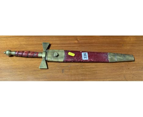 Masonic short sword in leather &amp; brass scabbard, 19”l
