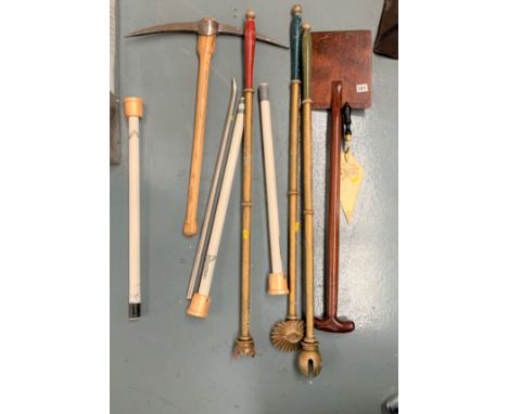 Collection of items from Masonic and various degrees including axe, shovel, trowel and other wands