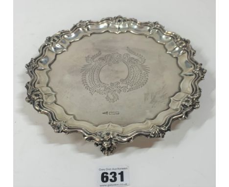 Small silver scalloped edge tray on 3 legs 8” diameter, w: 6.5 ozt