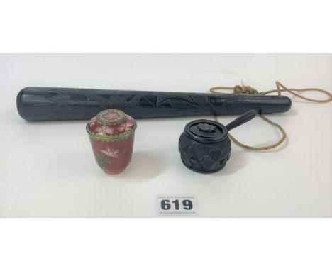 Carved black wood truncheon 12”, miniature carved cooking pot and miniature cloisonné vase 