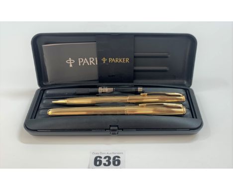 Cased Parker Sonnet pen set including gold coloured fountain pen and roller ball pen