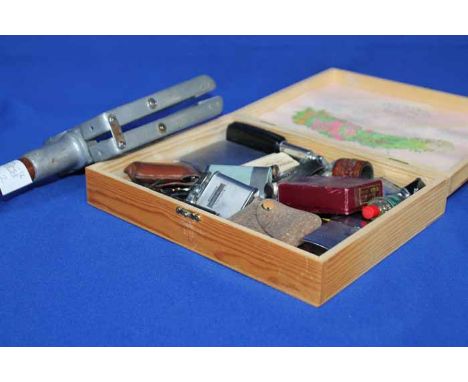 LOT OF VINTAGE LIGHTERS
all inside a wooden box; together with a fold out seat walking stick