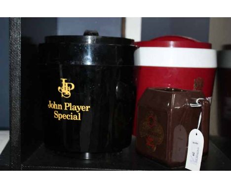 TWO ICE BUCKETS, A WATER LUG AND WHISKY MINIATURES
One black plastic John Player Special ice bucket, one plastic red and whit