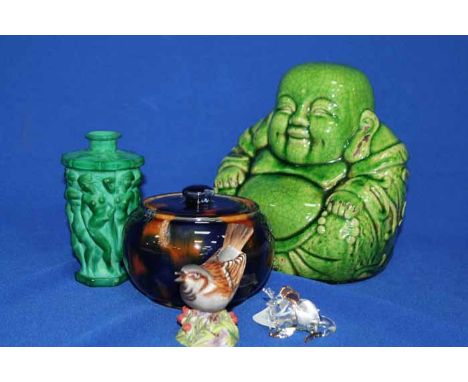 COLECTION OF DECORATIVE CERAMICS
including Czechoslovakian green glass vase, a large figure of Buddha, Rpayl Worcester Sparro