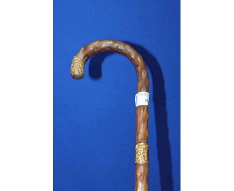 KNARLED WOOD WALKING STICK WITH GOLD PLATED MOUNTS