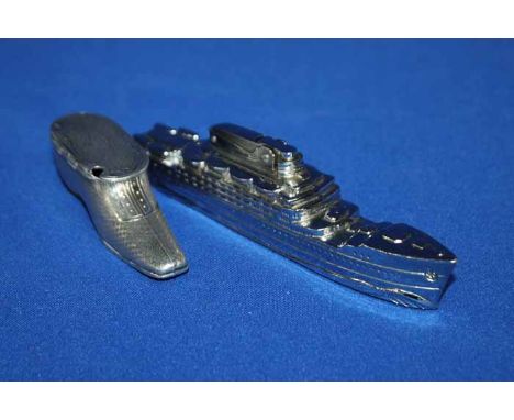 VICTORIAN SILVER PLATED SHOE SNUFF BOX
together with a 1950s MTC lighter modelled as a boat (2)